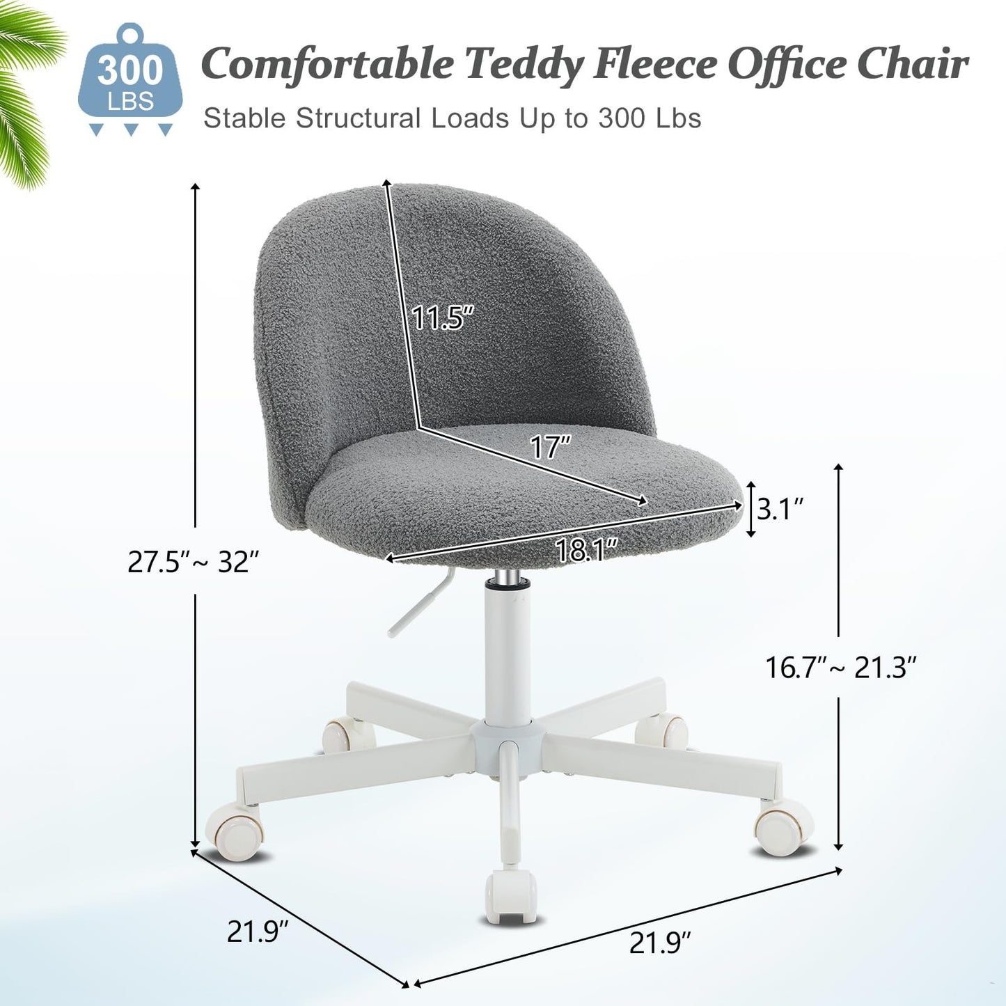 VINGLI Modern Teddy Fluffy Small Office Chair,Cute Desk Chair with Wheels,Gold Base\u002FStuds, Comfy Armless Swivel Vanity Task Chair, Nail Tech Chair for Bedroom,Small Space