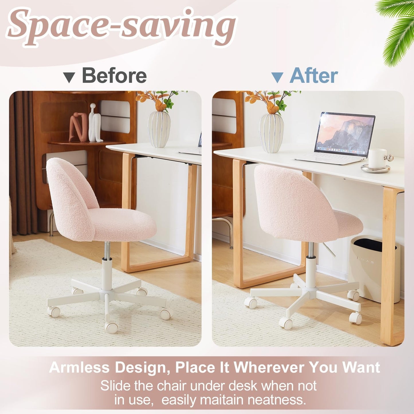 VINGLI Modern Teddy Fluffy Small Office Chair,Cute Desk Chair with Wheels,Gold Base\u002FStuds, Comfy Armless Swivel Vanity Task Chair, Nail Tech Chair for Bedroom,Small Space