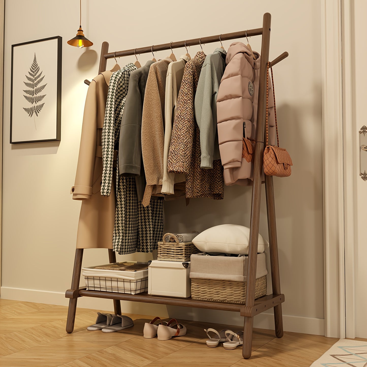 KASLANDI Free Shipping - Solid Wood Clothes Rack, Portable Garment Rack With Hooks And Shelf, Sturdy Freestanding Clothing Organizer For Coats, Dresses, Shoes, Bags, Easy To Assemble Storage Solution For Bedroom, Entryway, Living Room
