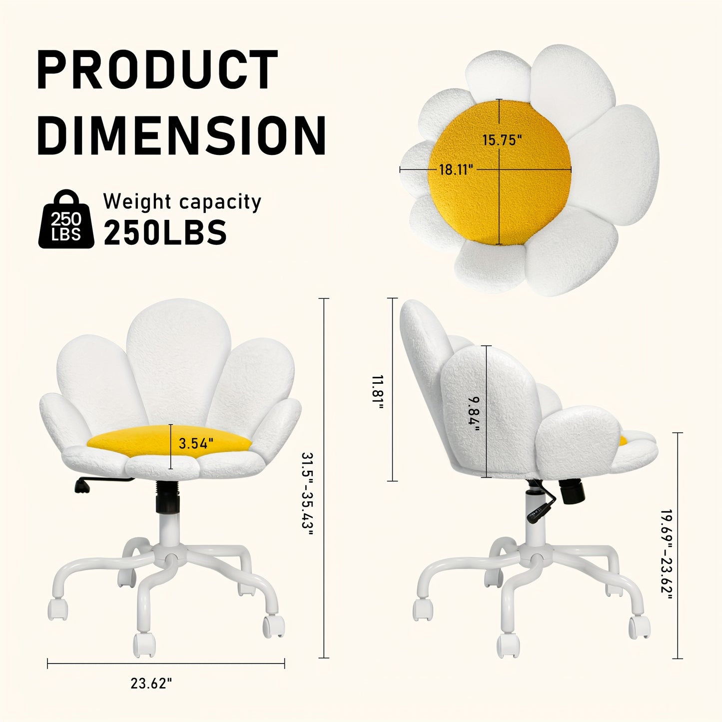1pc Modern Adjustable Height Swivel Task Chair, Upholstered Petal Design Desk Chair with Mid-Back, Manual Rocking Operation, Painted Finish, Carpet Surface Compatible, Includes Casters - Home Office Computer Chair