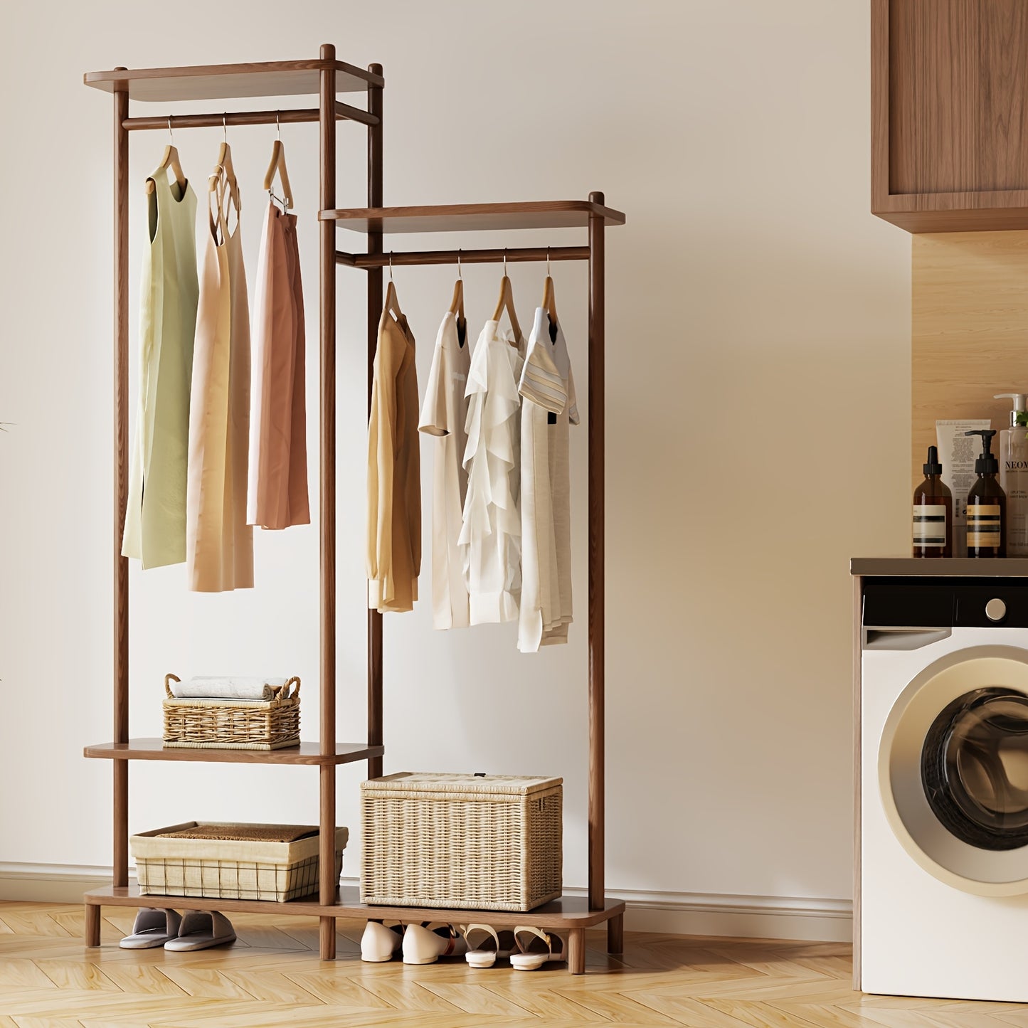 Kaslandi Solid Wood Coat Rack Furniture | Multi-Tier Hanging Rack, Clothes Hanging Rack, Clothes Drying Rack | Upper And Lower Storage + Alphabet Shelf Design | Versatile for Foyer And Bedroom! Free Shipping