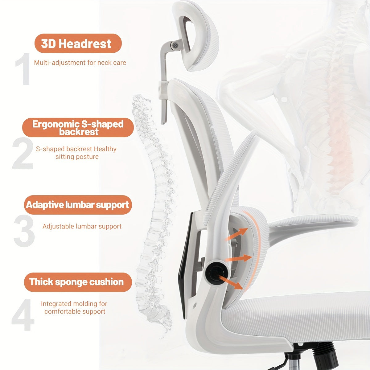 XUEGW Ergonomic Office Chair Comfort Home Desk Chair Adjustable High Back Mesh Chair Lumbar Support Computer Chair With Flip-up Arms For Work, Study, Gaming