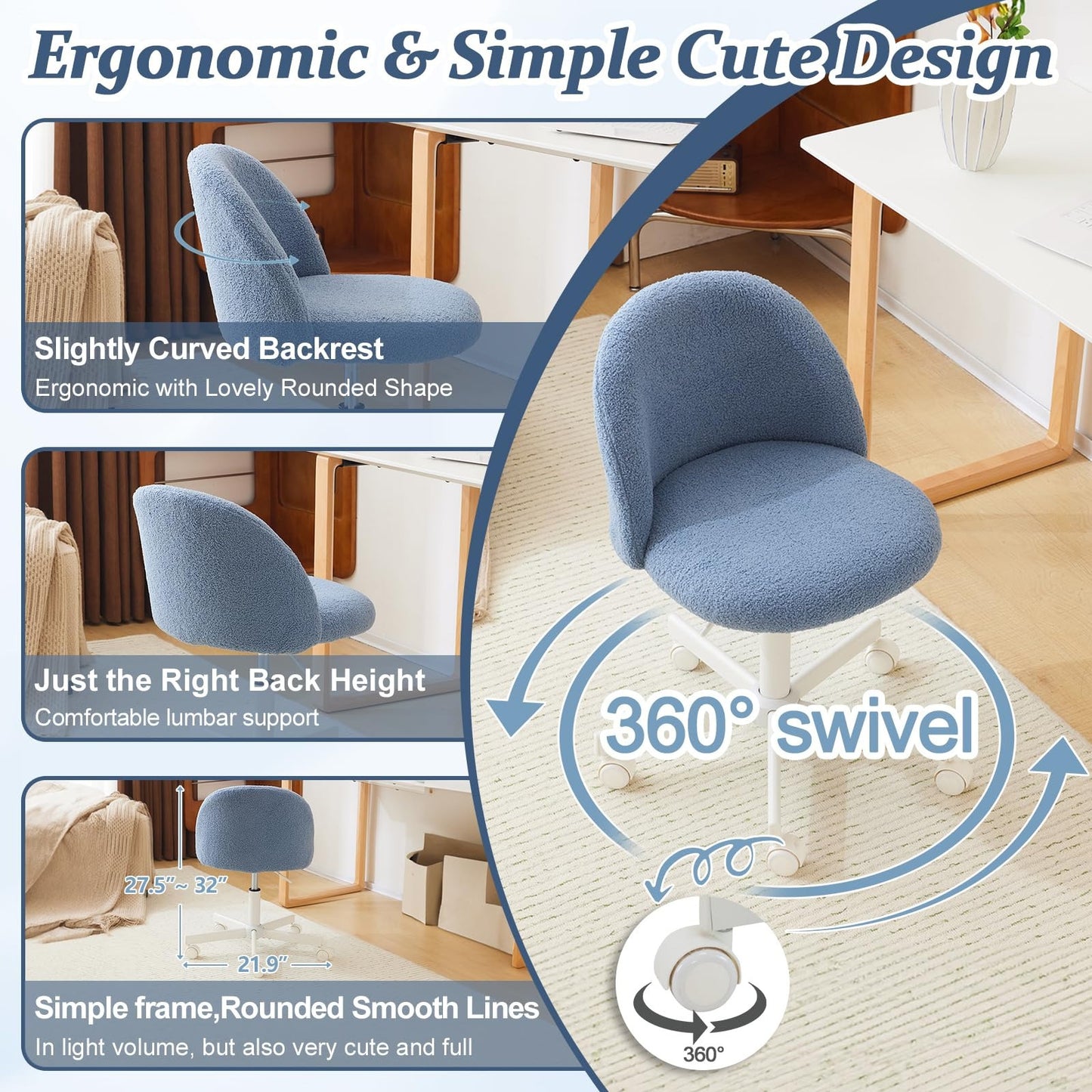 VINGLI Modern Teddy Fluffy Small Office Chair,Cute Desk Chair with Wheels,Gold Base\u002FStuds, Comfy Armless Swivel Vanity Task Chair, Nail Tech Chair for Bedroom,Small Space