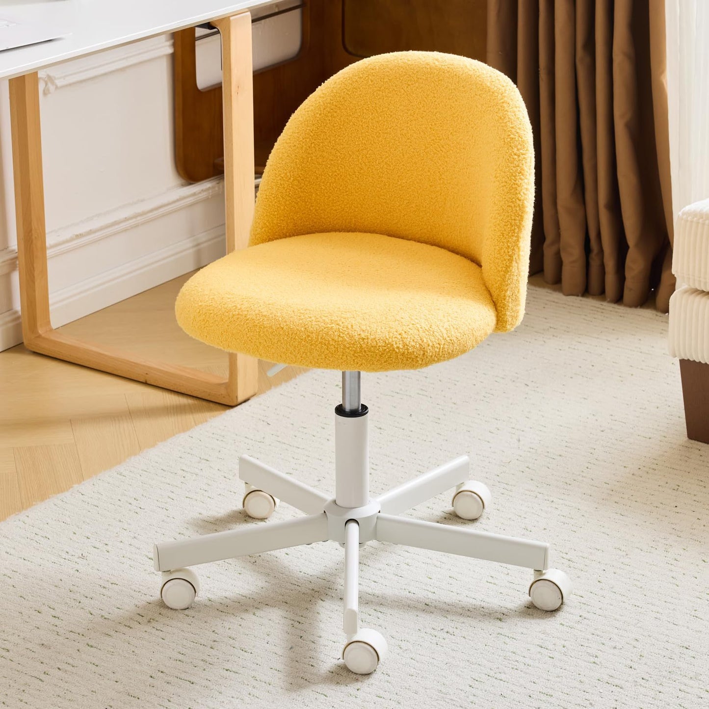 VINGLI Modern Teddy Fluffy Small Office Chair,Cute Desk Chair with Wheels,Gold Base\u002FStuds, Comfy Armless Swivel Vanity Task Chair, Nail Tech Chair for Bedroom,Small Space