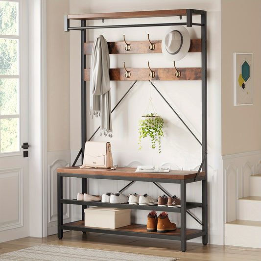 1pc Industrial 5-in-1 Entryway Organizer, Freestanding Metal Hall Tree with 3 Storage Shelves & 8 Removable Hooks, Multifunctional Hallway Furniture with Steel Frame, Large Capacity Coat Rack for Home Organization