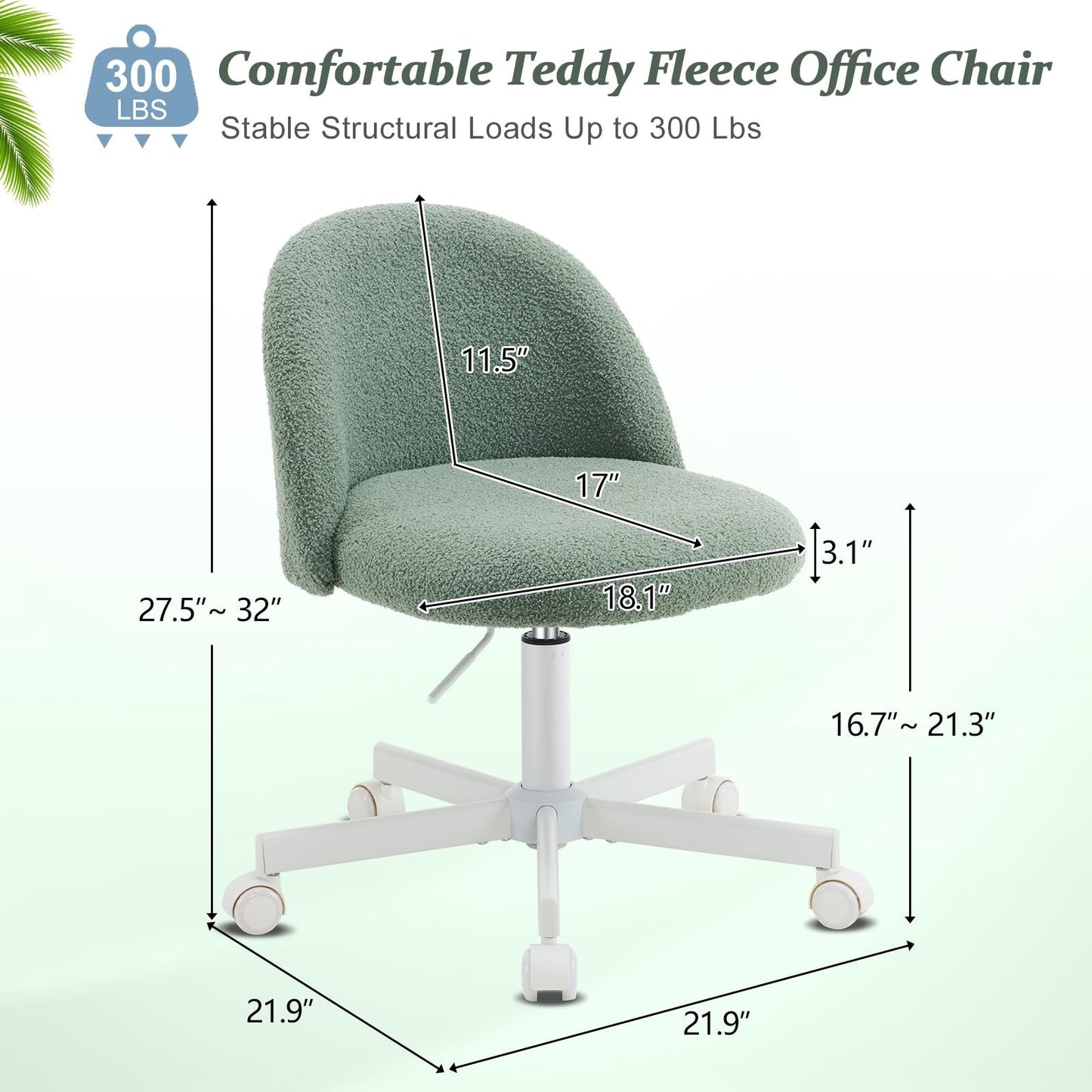 VINGLI Modern Teddy Fluffy Small Office Chair,Cute Desk Chair with Wheels,Gold Base\u002FStuds, Comfy Armless Swivel Vanity Task Chair, Nail Tech Chair for Bedroom,Small Space