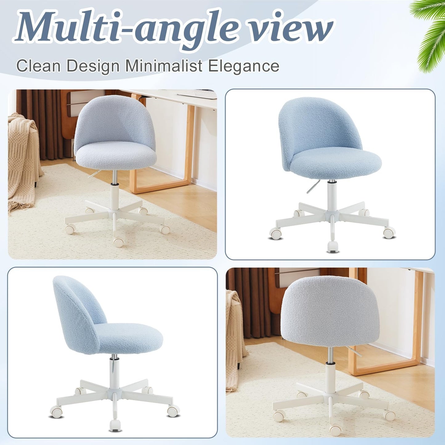 VINGLI Modern Teddy Fluffy Small Office Chair,Cute Desk Chair with Wheels,Gold Base\u002FStuds, Comfy Armless Swivel Vanity Task Chair, Nail Tech Chair for Bedroom,Small Space
