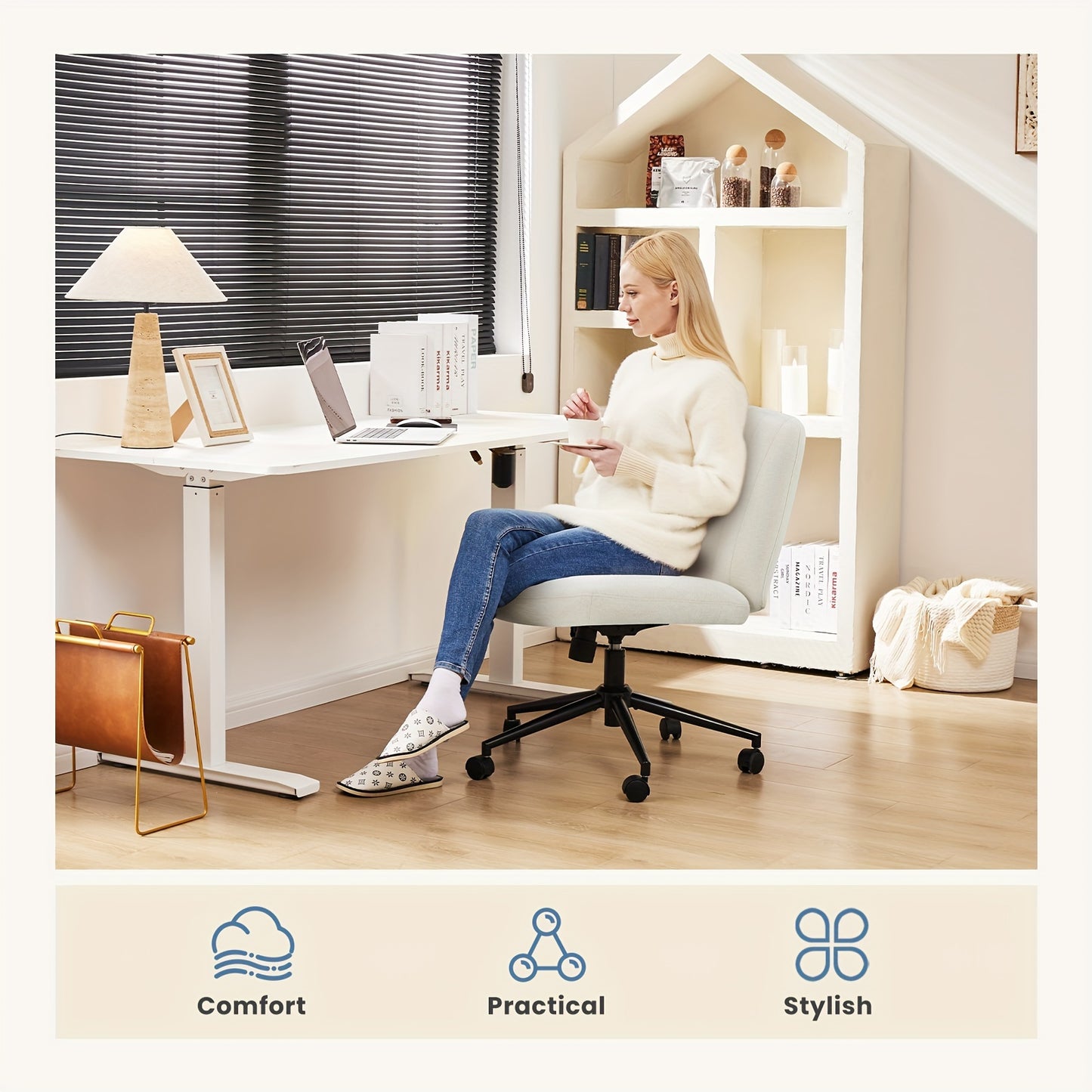 SMUG Criss Cross Chair With Wheels, Cross Legged Office Chair Wide Armless Desk Chair, Adjustable Swivel Comfy Home Office Vanity Desk Chair, Stocking Stuffers