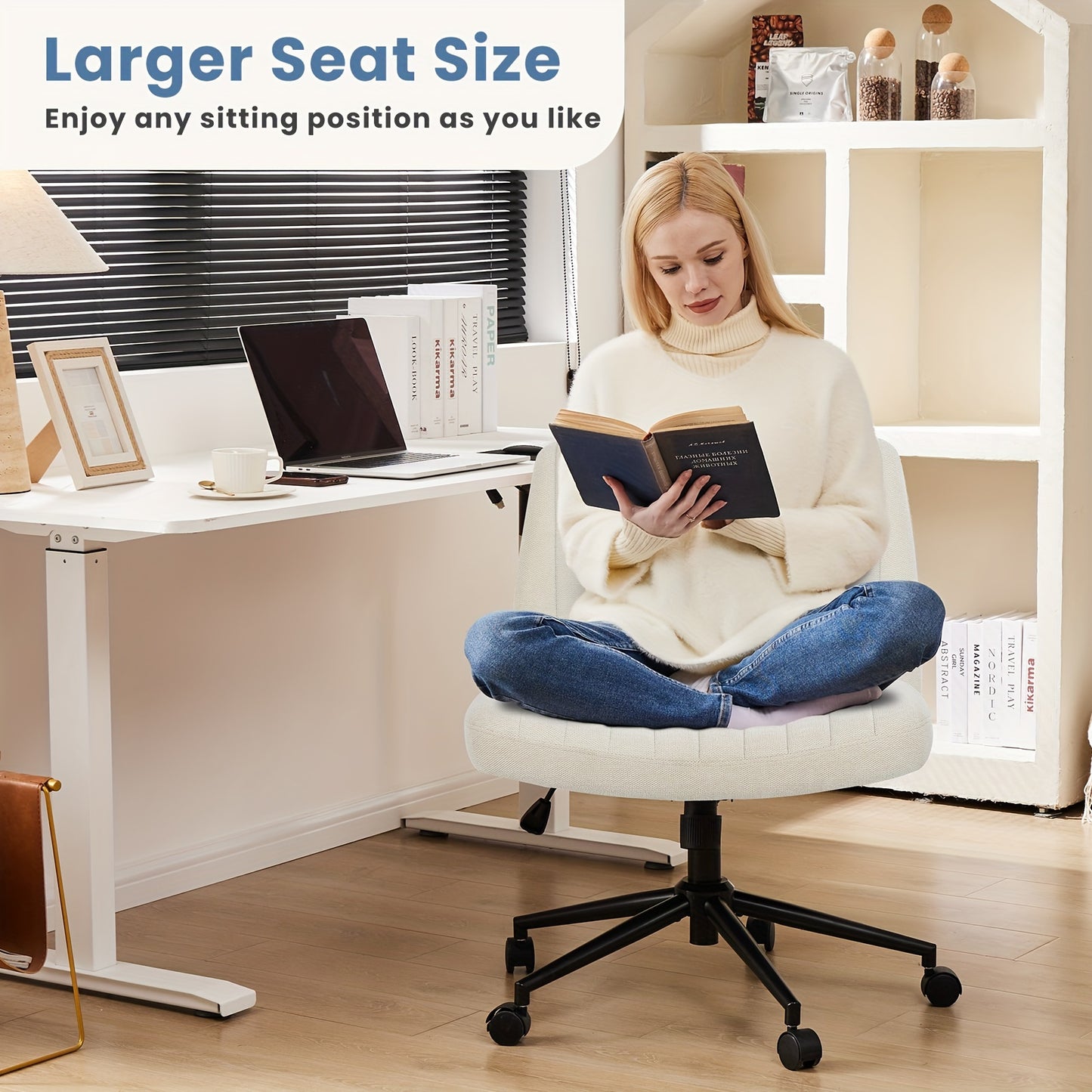 SMUG Criss Cross Chair With Wheels, Cross Legged Office Chair Wide Armless Desk Chair, Adjustable Swivel Comfy Home Office Vanity Desk Chair, Stocking Stuffers