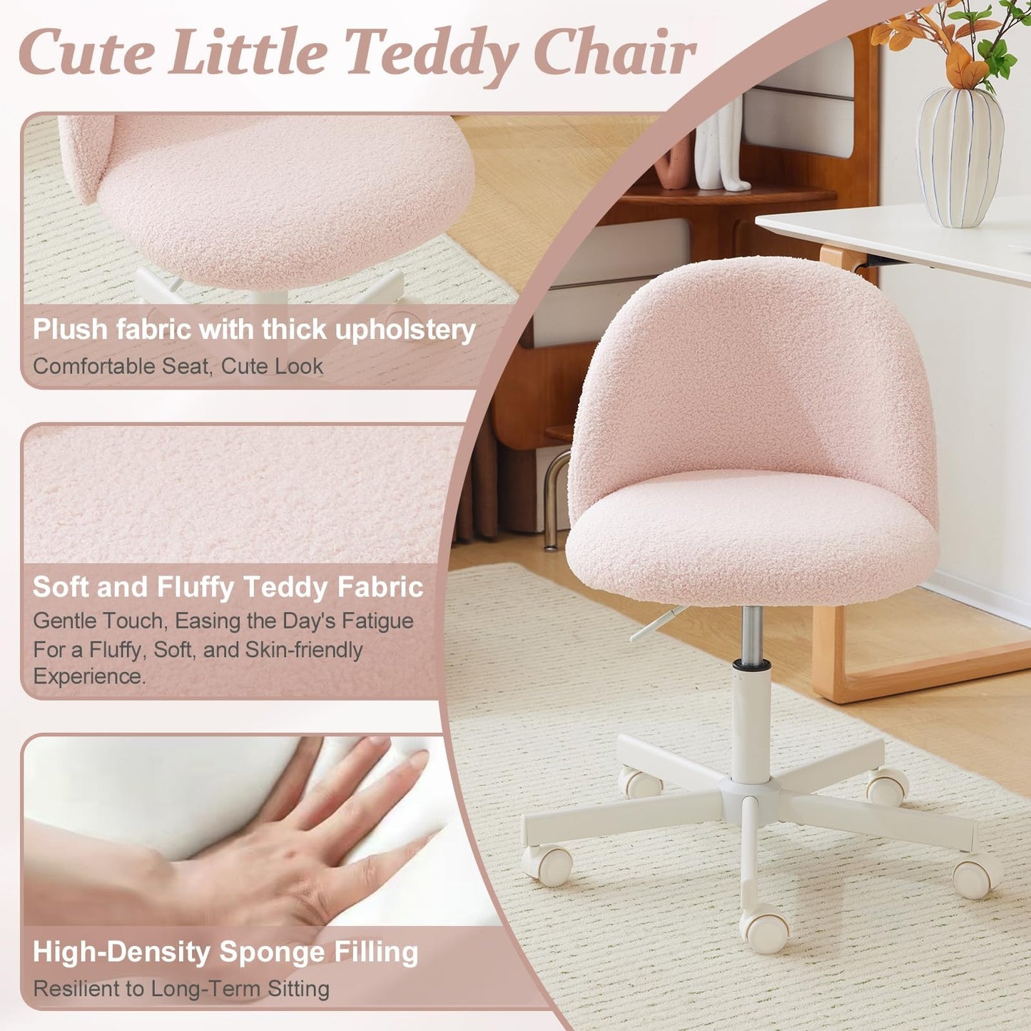 VINGLI Modern Teddy Fluffy Small Office Chair,Cute Desk Chair with Wheels,Gold Base\u002FStuds, Comfy Armless Swivel Vanity Task Chair, Nail Tech Chair for Bedroom,Small Space