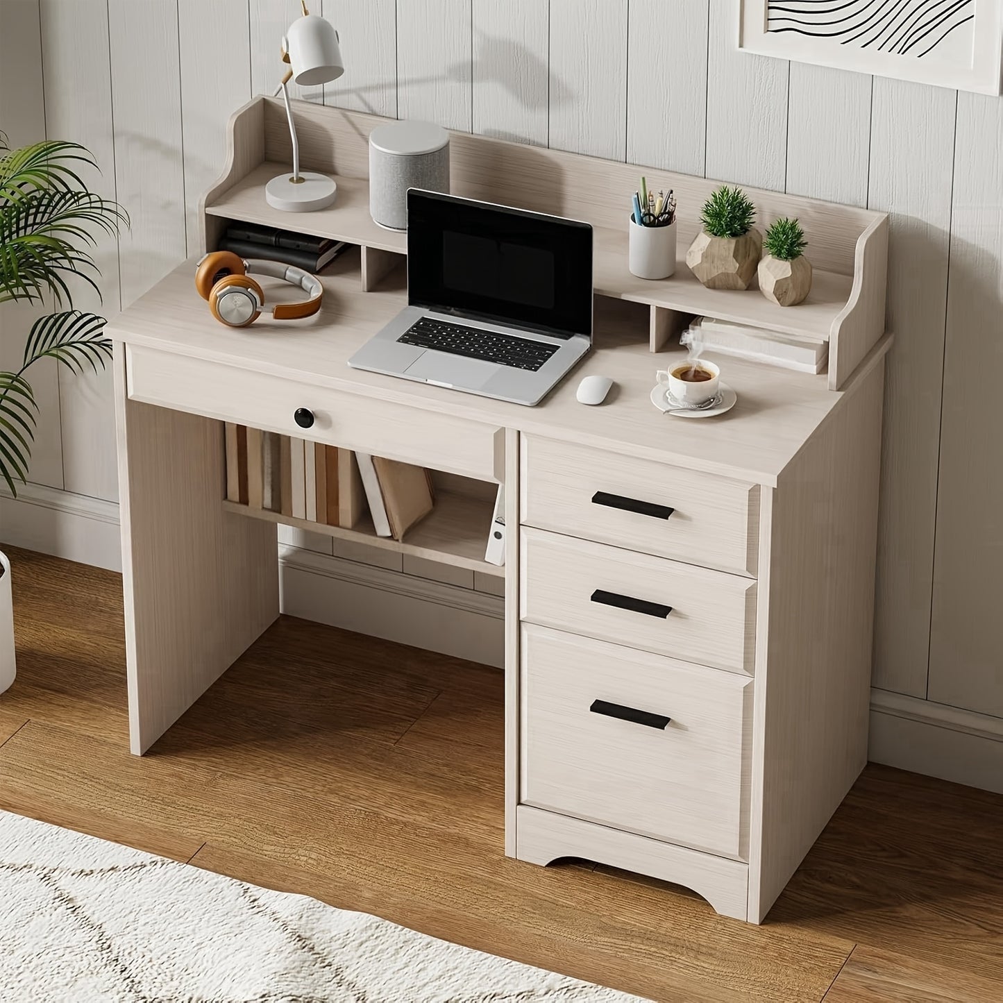 White, Brown, Wood Gray, Cream Computer Desk With 4 Drawers And Hutch, Home Office Writing Desk With File Drawer And Shelves For Small Spaces, Small Desk Study Table For Bedroom, White, Brown, Wood Gray, Cream