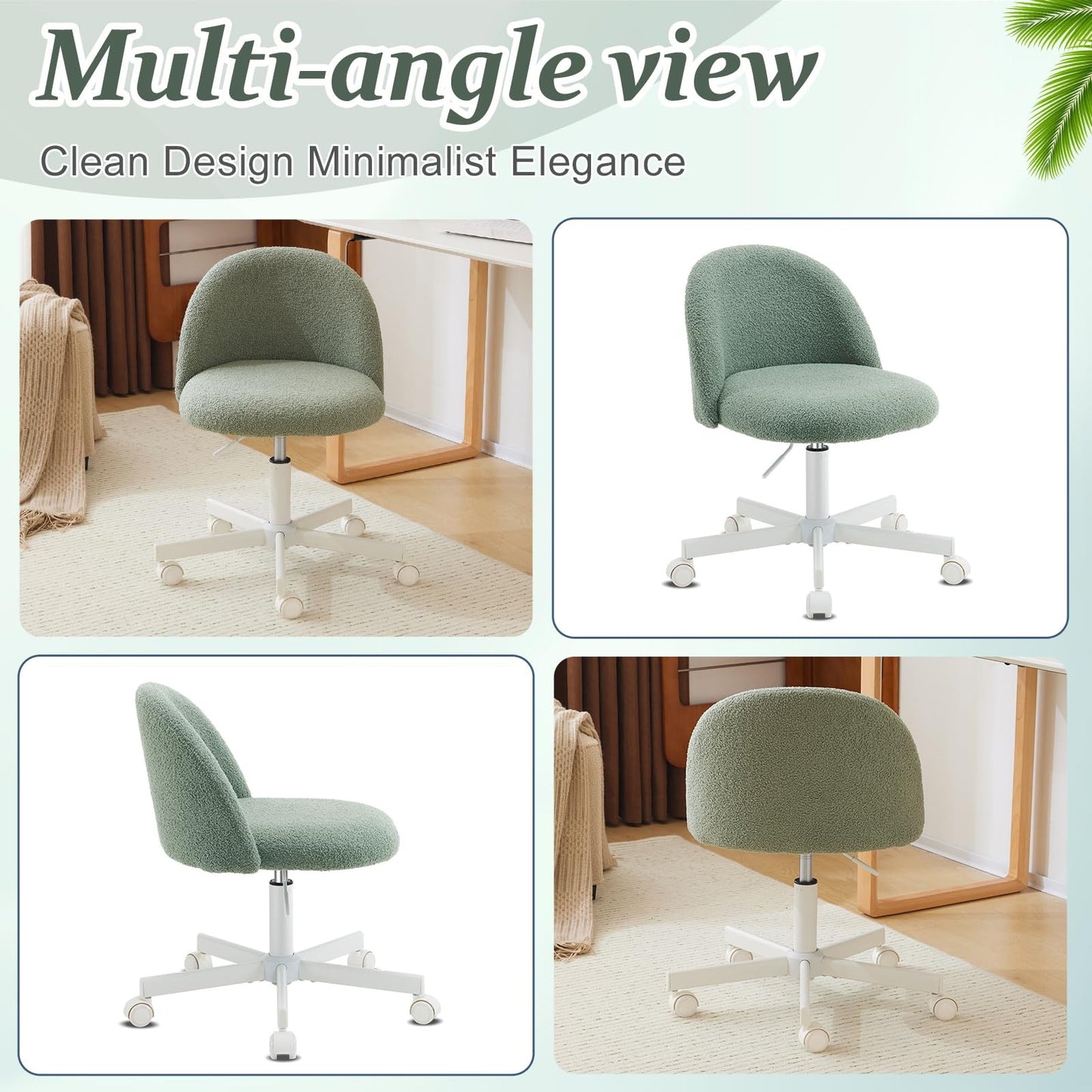 VINGLI Modern Teddy Fluffy Small Office Chair,Cute Desk Chair with Wheels,Gold Base\u002FStuds, Comfy Armless Swivel Vanity Task Chair, Nail Tech Chair for Bedroom,Small Space