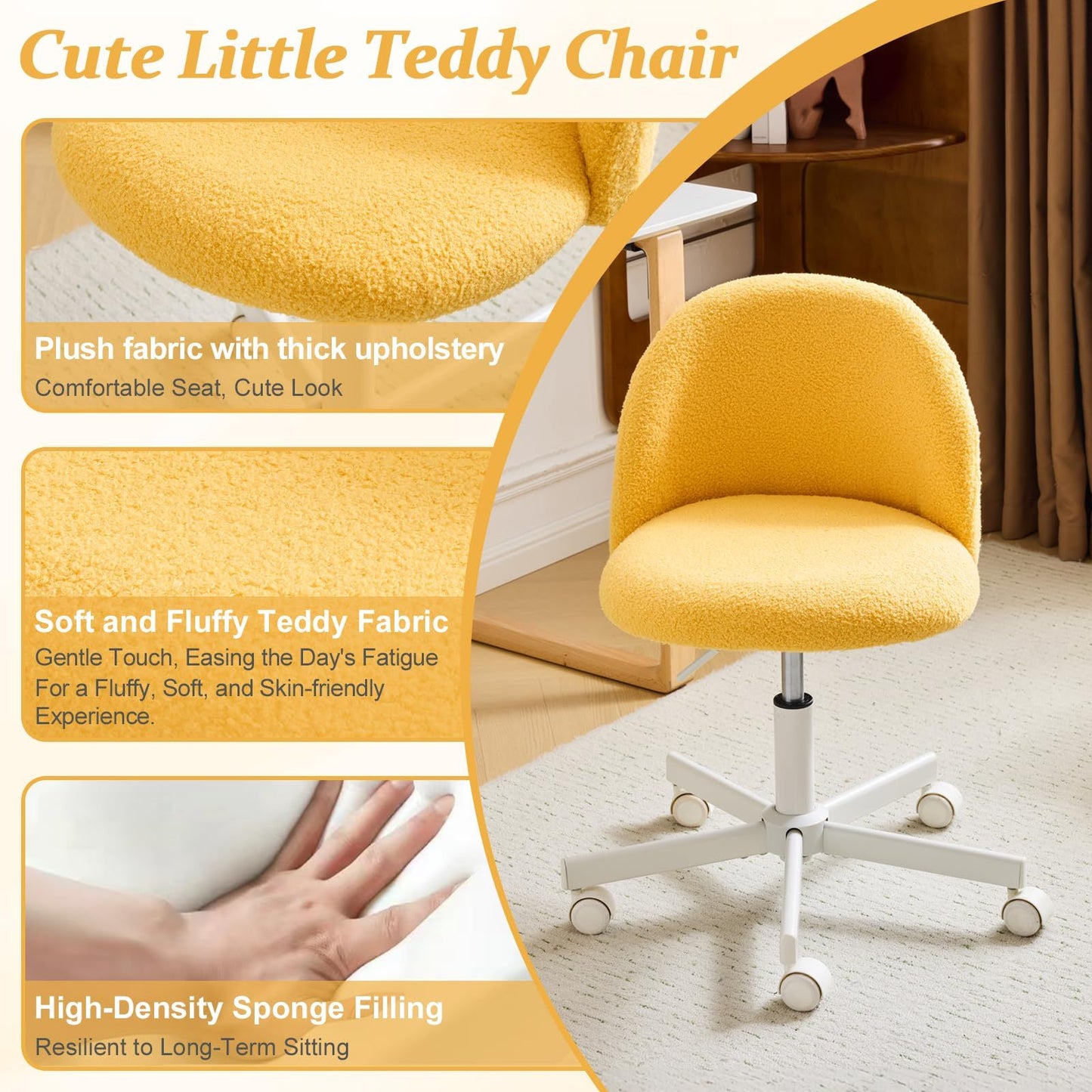 VINGLI Modern Teddy Fluffy Small Office Chair,Cute Desk Chair with Wheels,Gold Base\u002FStuds, Comfy Armless Swivel Vanity Task Chair, Nail Tech Chair for Bedroom,Small Space