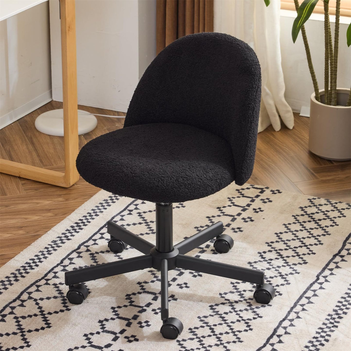 VINGLI Modern Teddy Fluffy Small Office Chair,Cute Desk Chair with Wheels,Gold Base\u002FStuds, Comfy Armless Swivel Vanity Task Chair, Nail Tech Chair for Bedroom,Small Space