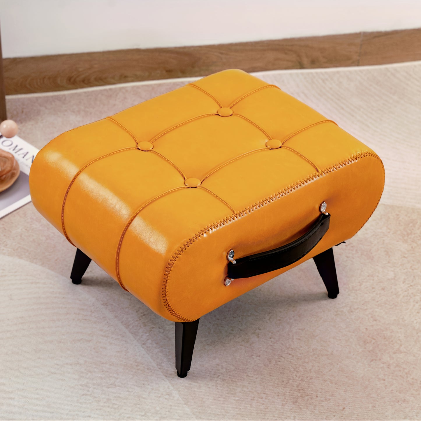 1pc High Quality Oil Wax Leather Low Stools, Footstools, Leather Padded Footstools, Stylish & Versatile For Sofa End, Shoe Changing Stools For Living Rooms, Corridors, Foyers, Entrance, Bedroom, Home Decor Furniture, Furniture For Home