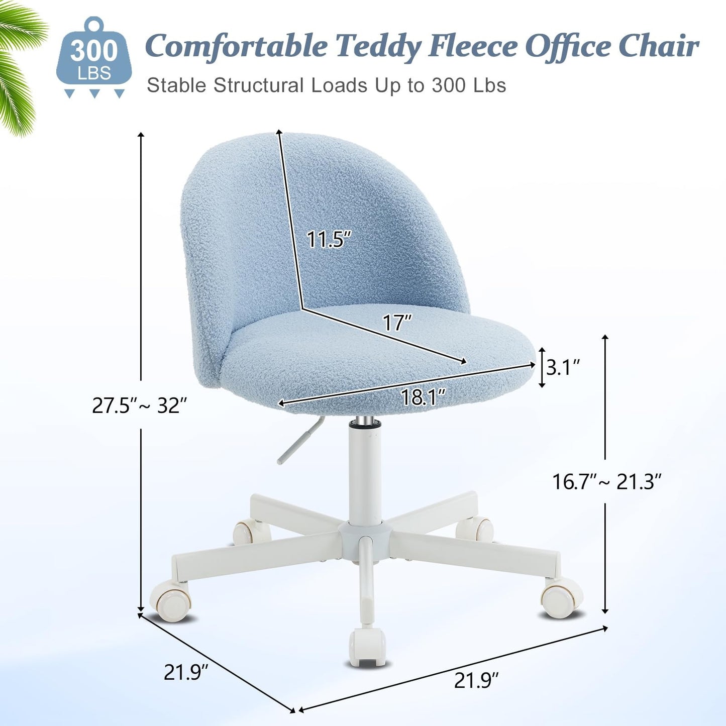 VINGLI Modern Teddy Fluffy Small Office Chair,Cute Desk Chair with Wheels,Gold Base\u002FStuds, Comfy Armless Swivel Vanity Task Chair, Nail Tech Chair for Bedroom,Small Space