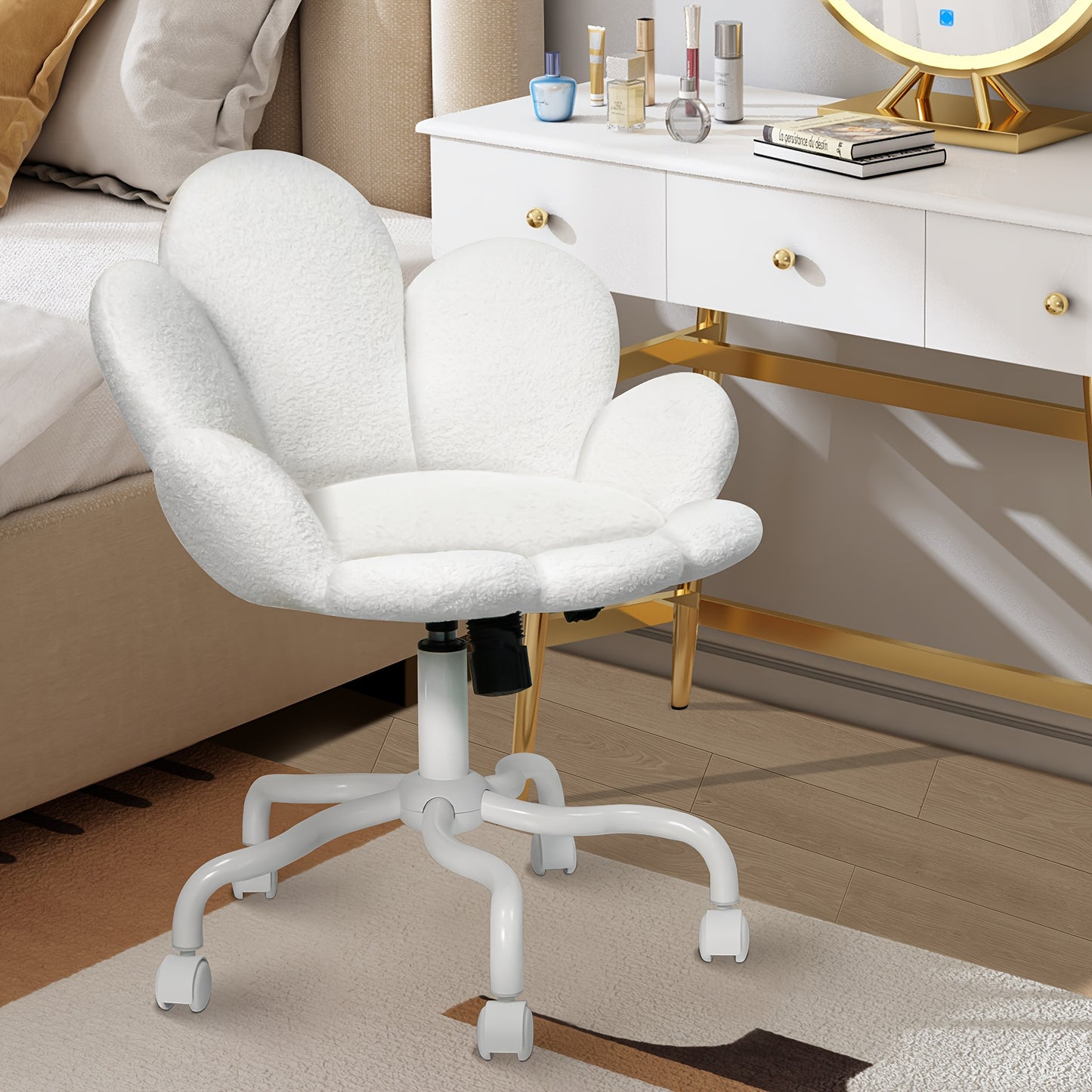 1pc Modern Adjustable Height Swivel Task Chair, Upholstered Petal Design Desk Chair with Mid-Back, Manual Rocking Operation, Painted Finish, Carpet Surface Compatible, Includes Casters - Home Office Computer Chair