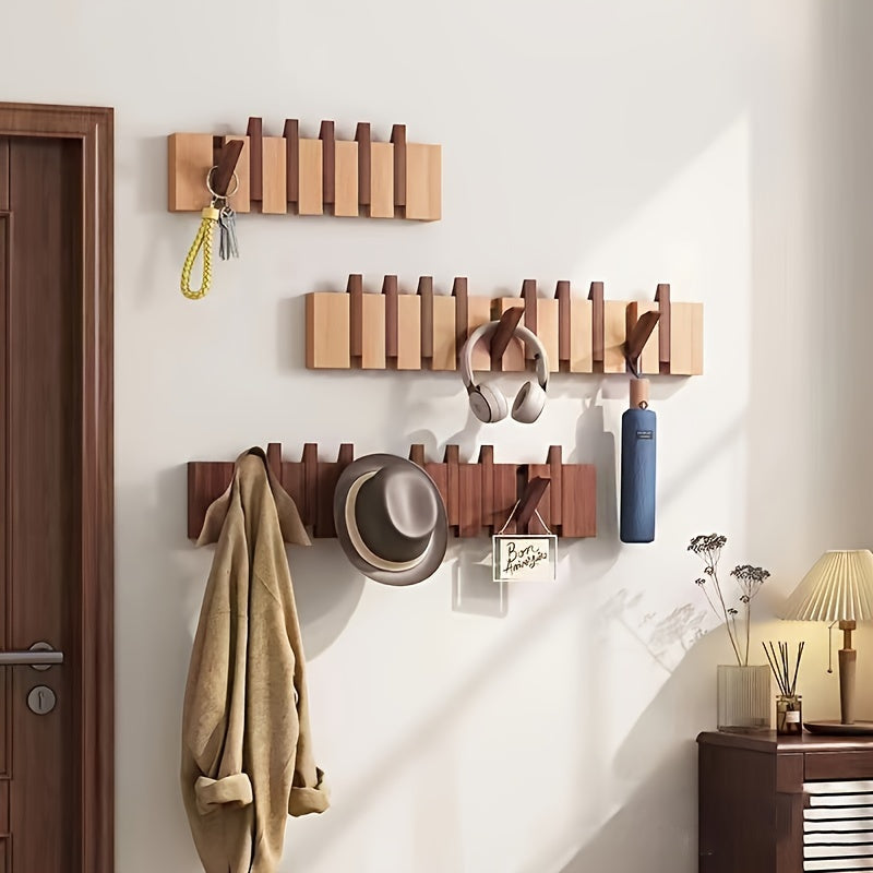 1pc Boho Style Wooden Piano Key Wall Rack, Easy Install Wall Mounted Coat Hook, Folding Hanging Storage Organizer for Bedroom, Entryway, Foyer, Mudroom - Aesthetic Room Decor