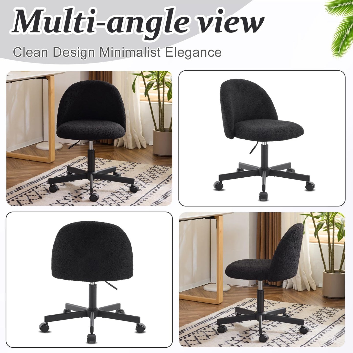 VINGLI Modern Teddy Fluffy Small Office Chair,Cute Desk Chair with Wheels,Gold Base\u002FStuds, Comfy Armless Swivel Vanity Task Chair, Nail Tech Chair for Bedroom,Small Space
