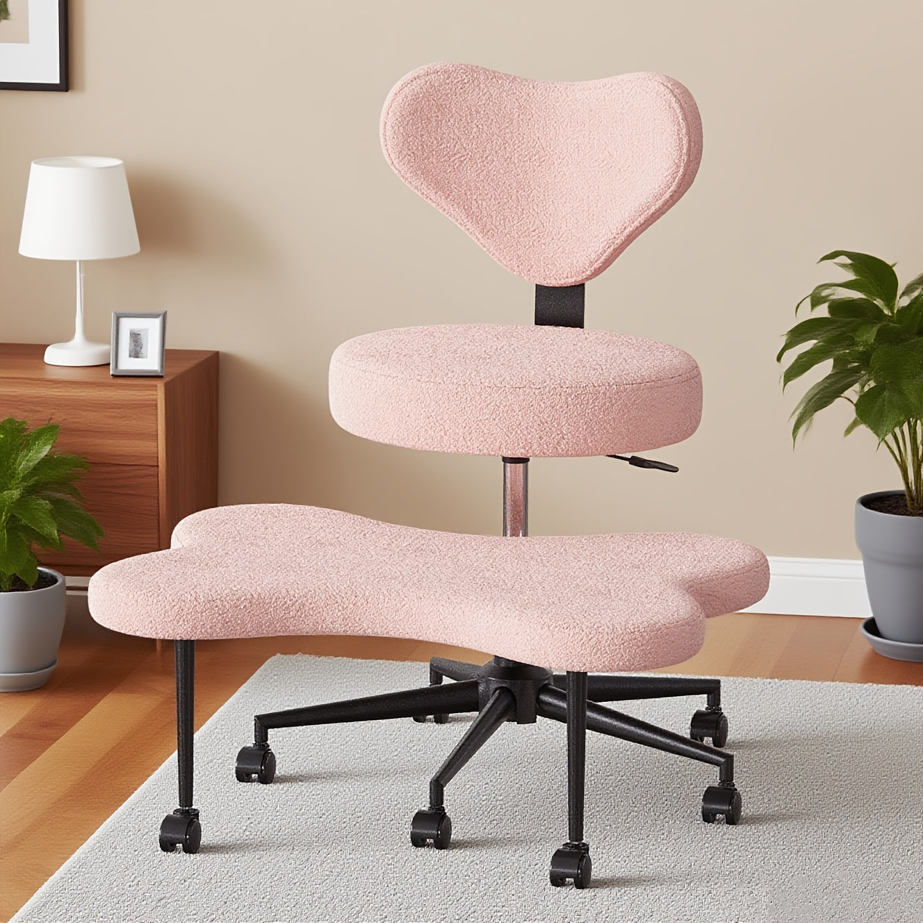 Ergonomic Office Chair Ergonomic Office Chair with Wheels, Cross Legged Chair, Height Adjustable Seat and Footstool, Ergonomic Back Support, Teddy Velvet White And Faux PU Black, Office Furniture Gift Choice