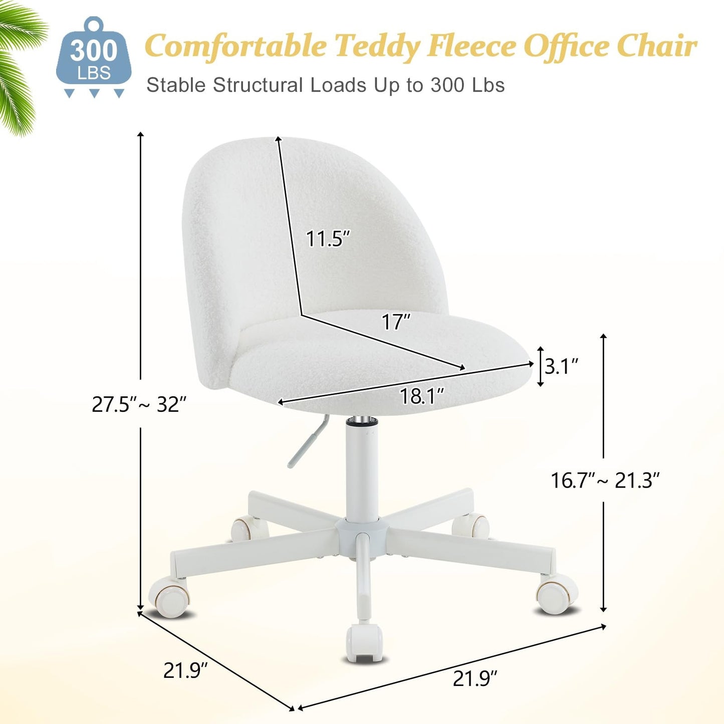 VINGLI Modern Teddy Fluffy Small Office Chair,Cute Desk Chair with Wheels,Gold Base\u002FStuds, Comfy Armless Swivel Vanity Task Chair, Nail Tech Chair for Bedroom,Small Space