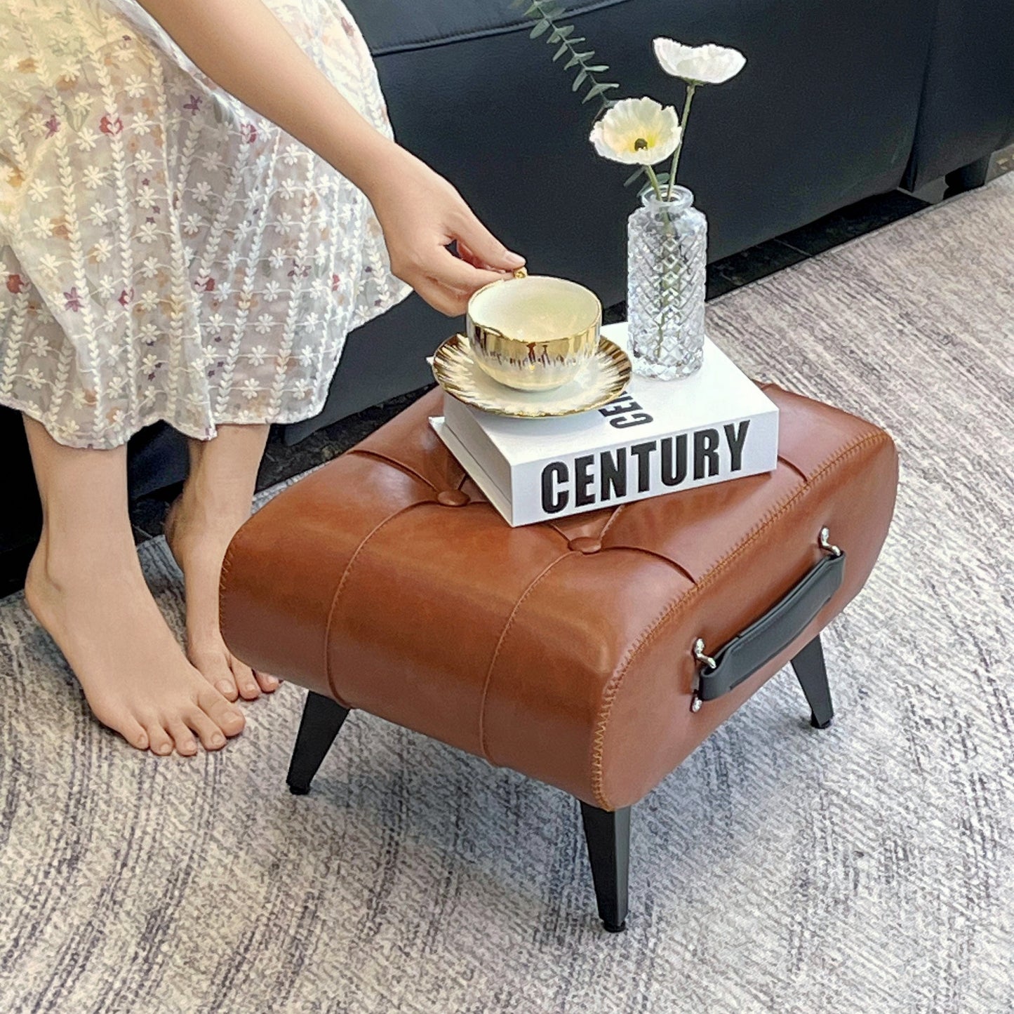 1pc High Quality Oil Wax Leather Low Stools, Footstools, Leather Padded Footstools, Stylish & Versatile For Sofa End, Shoe Changing Stools For Living Rooms, Corridors, Foyers, Entrance, Bedroom, Home Decor Furniture, Furniture For Home