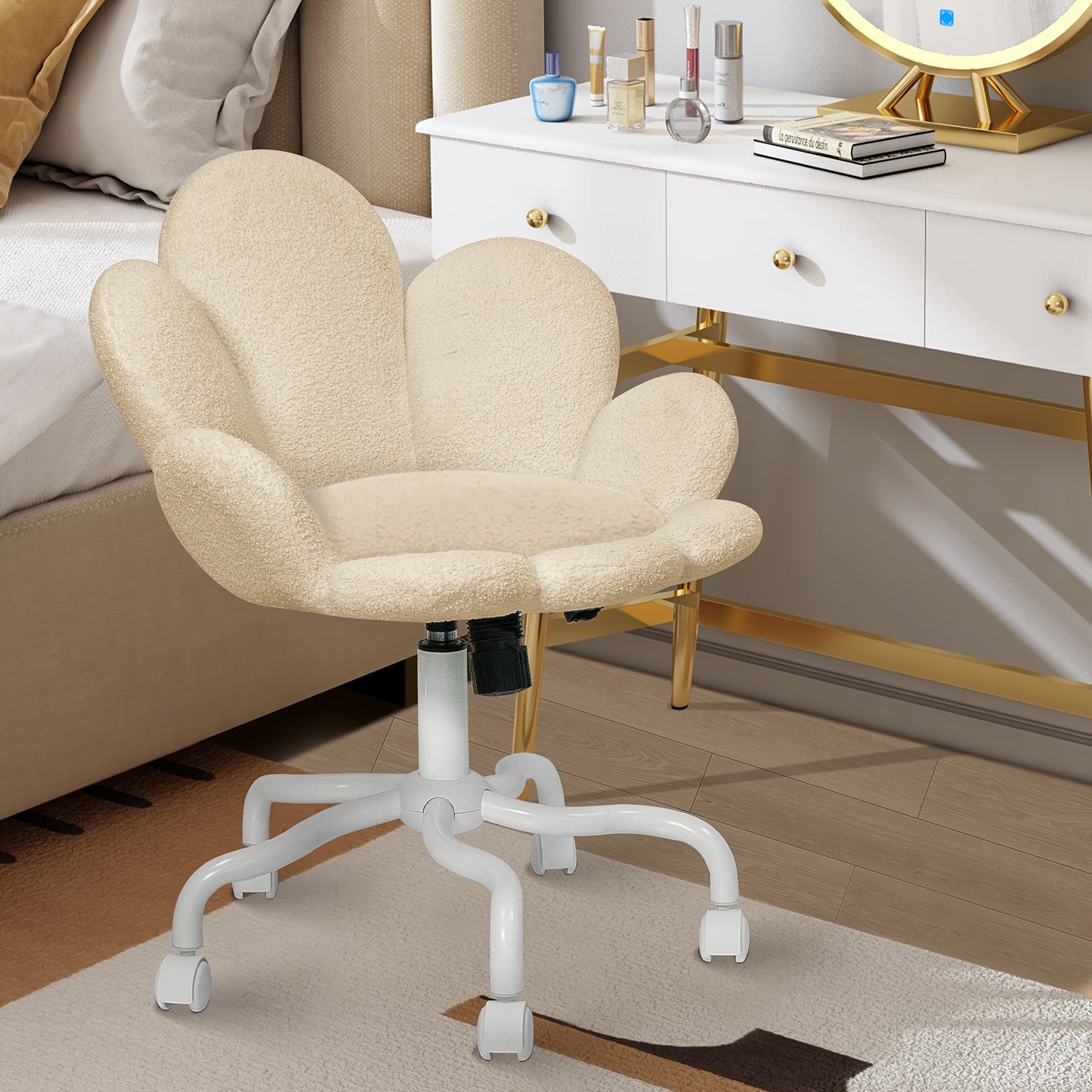 1pc Modern Adjustable Height Swivel Task Chair, Upholstered Petal Design Desk Chair with Mid-Back, Manual Rocking Operation, Painted Finish, Carpet Surface Compatible, Includes Casters - Home Office Computer Chair