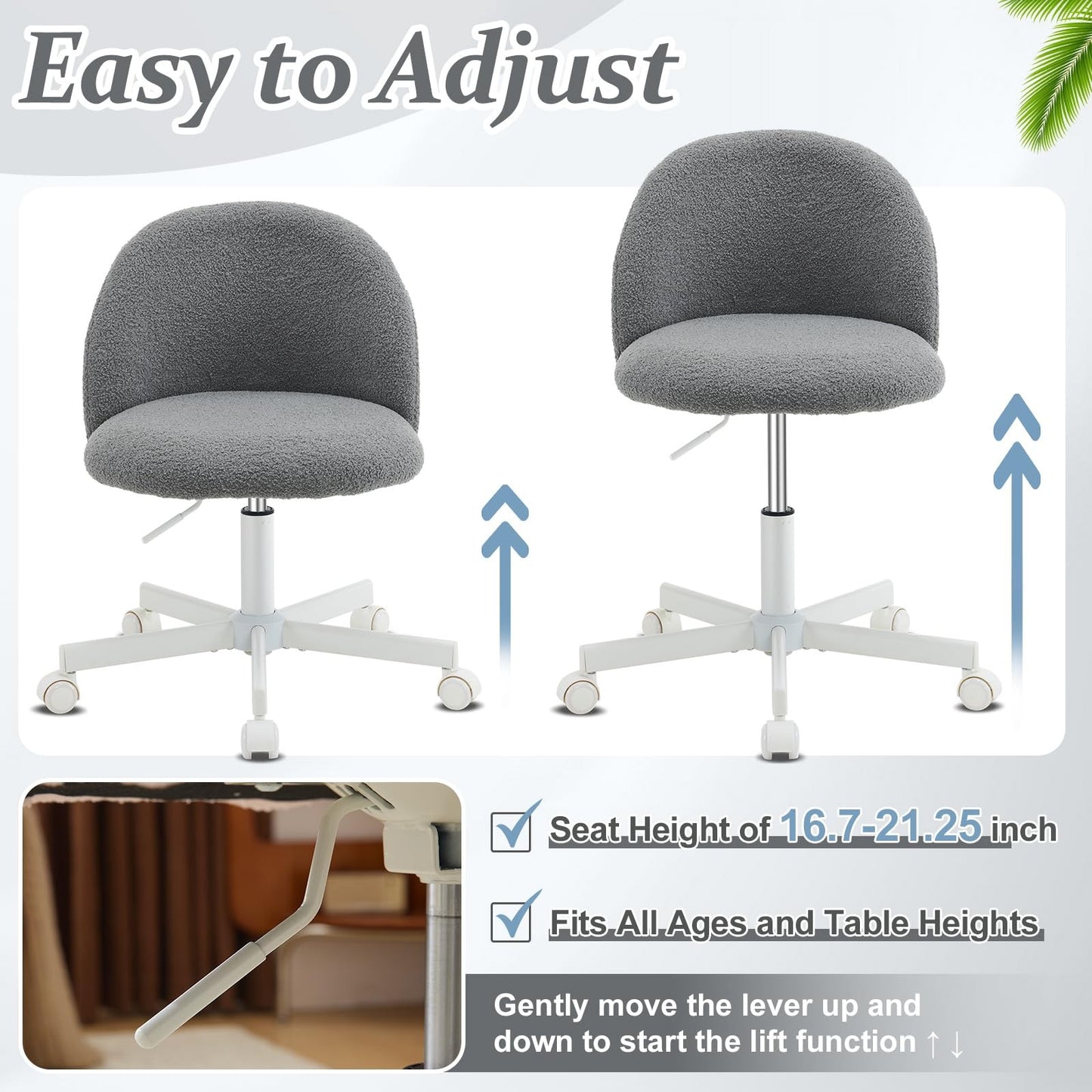 VINGLI Modern Teddy Fluffy Small Office Chair,Cute Desk Chair with Wheels,Gold Base\u002FStuds, Comfy Armless Swivel Vanity Task Chair, Nail Tech Chair for Bedroom,Small Space
