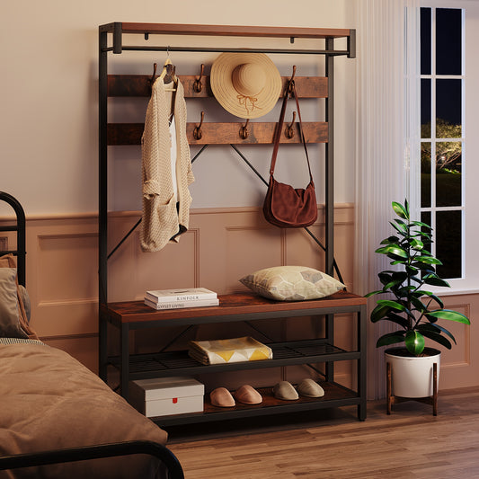1pc Industrial 5-in-1 Entryway Organizer, Freestanding Metal Hall Tree with 3 Storage Shelves & 8 Removable Hooks, Multifunctional Hallway Furniture with Steel Frame, Large Capacity Coat Rack for Home Organization