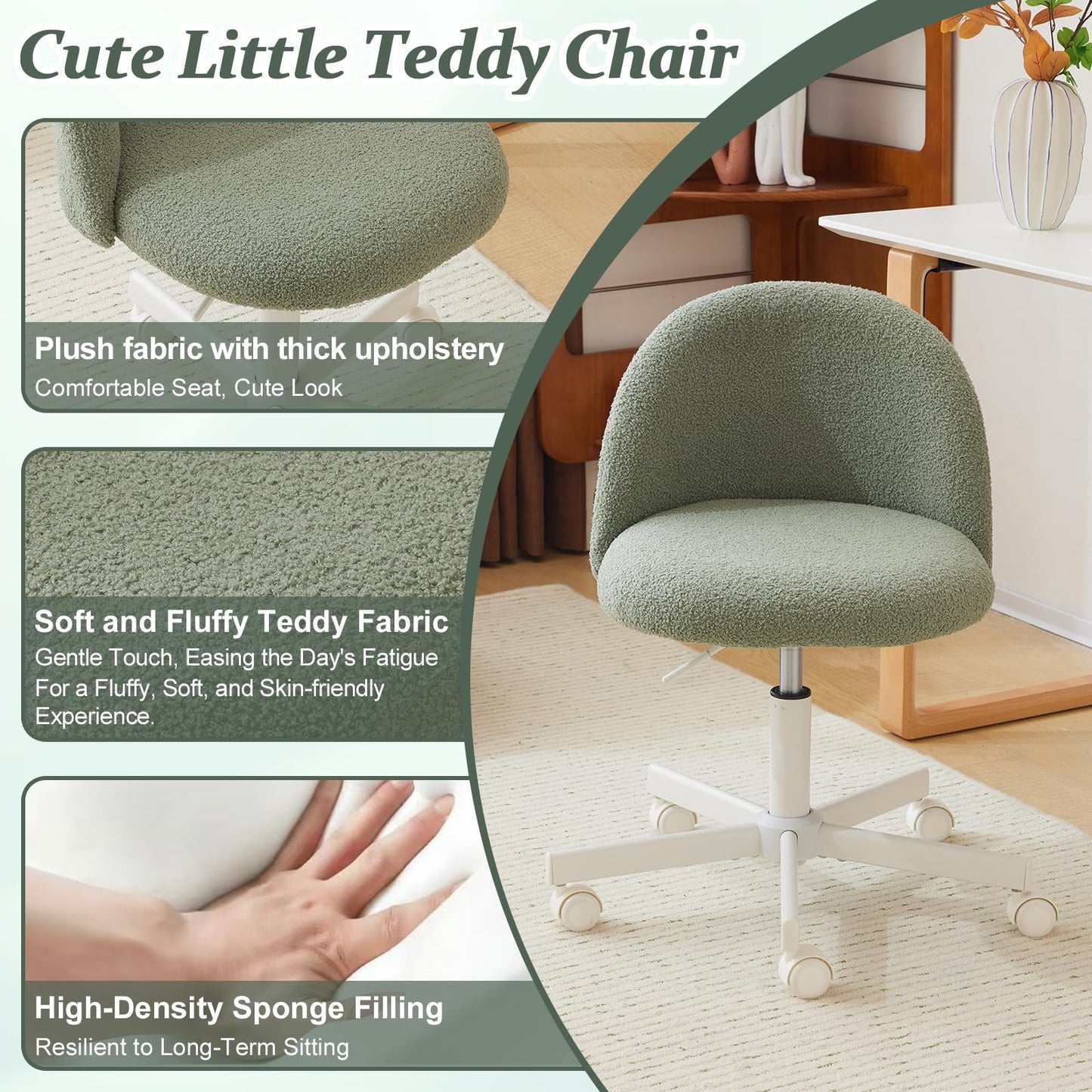 VINGLI Modern Teddy Fluffy Small Office Chair,Cute Desk Chair with Wheels,Gold Base\u002FStuds, Comfy Armless Swivel Vanity Task Chair, Nail Tech Chair for Bedroom,Small Space