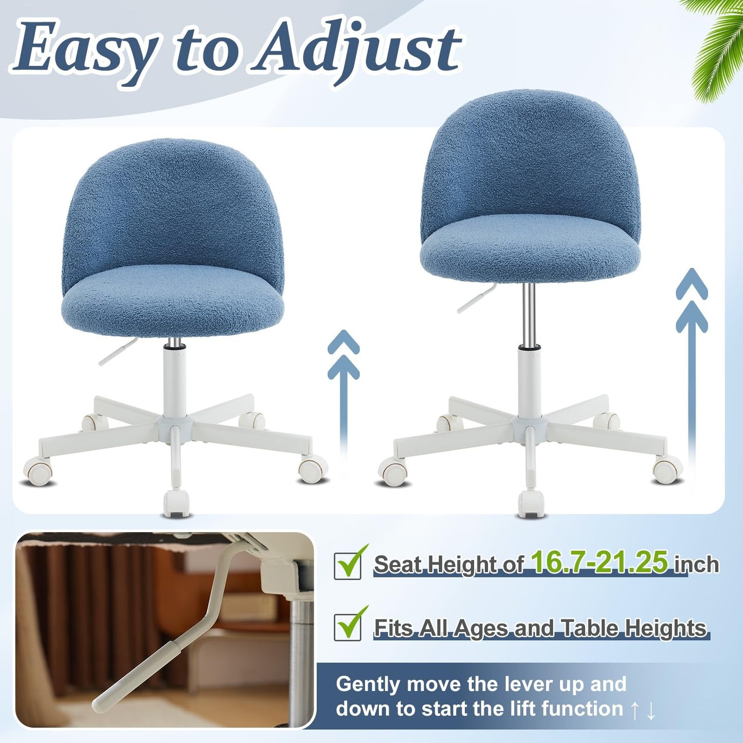 VINGLI Modern Teddy Fluffy Small Office Chair,Cute Desk Chair with Wheels,Gold Base\u002FStuds, Comfy Armless Swivel Vanity Task Chair, Nail Tech Chair for Bedroom,Small Space