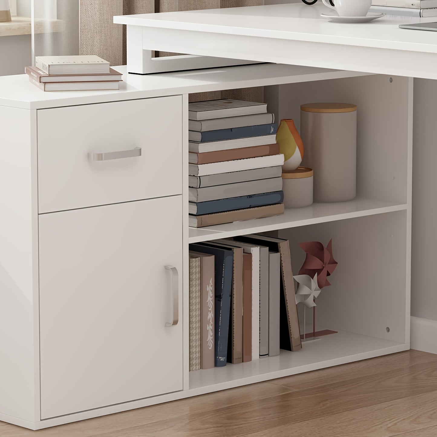 Modern L-shaped Computer Desk Modern L-shaped Computer Desk with Drawer | Open Shelves, Filing Cabinet & Spacious Desktop for Home Office, Study Room - White