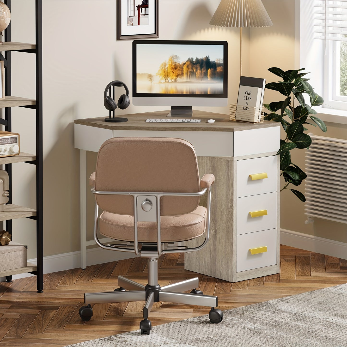 Triangle Corner Desk, Modern Computer Desk With 3 Drawers, 90-Degree Writing Desk PC Table Makeup Vanity Desk With Storage For Home Office, Living Room, Bedroom (White And Grey)