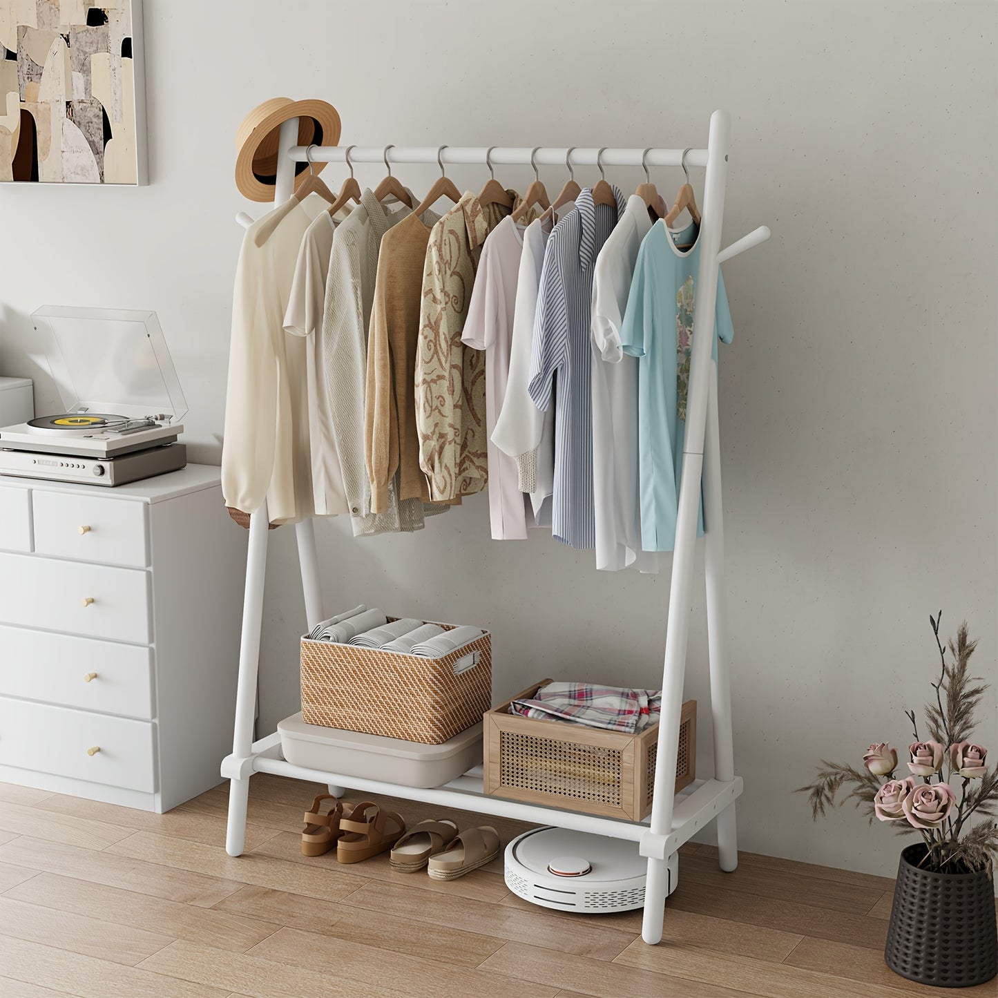 KASLANDI Free Shipping - Solid Wood Clothes Rack, Portable Garment Rack With Hooks And Shelf, Sturdy Freestanding Clothing Organizer For Coats, Dresses, Shoes, Bags, Easy To Assemble Storage Solution For Bedroom, Entryway, Living Room