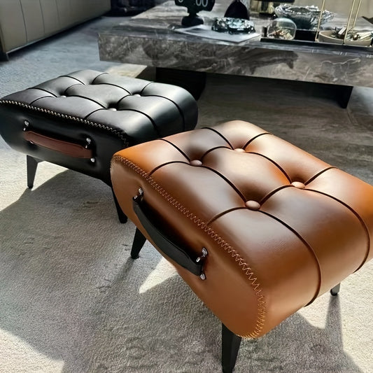 1pc High Quality Oil Wax Leather Low Stools, Footstools, Leather Padded Footstools, Stylish & Versatile For Sofa End, Shoe Changing Stools For Living Rooms, Corridors, Foyers, Entrance, Bedroom, Home Decor Furniture, Furniture For Home