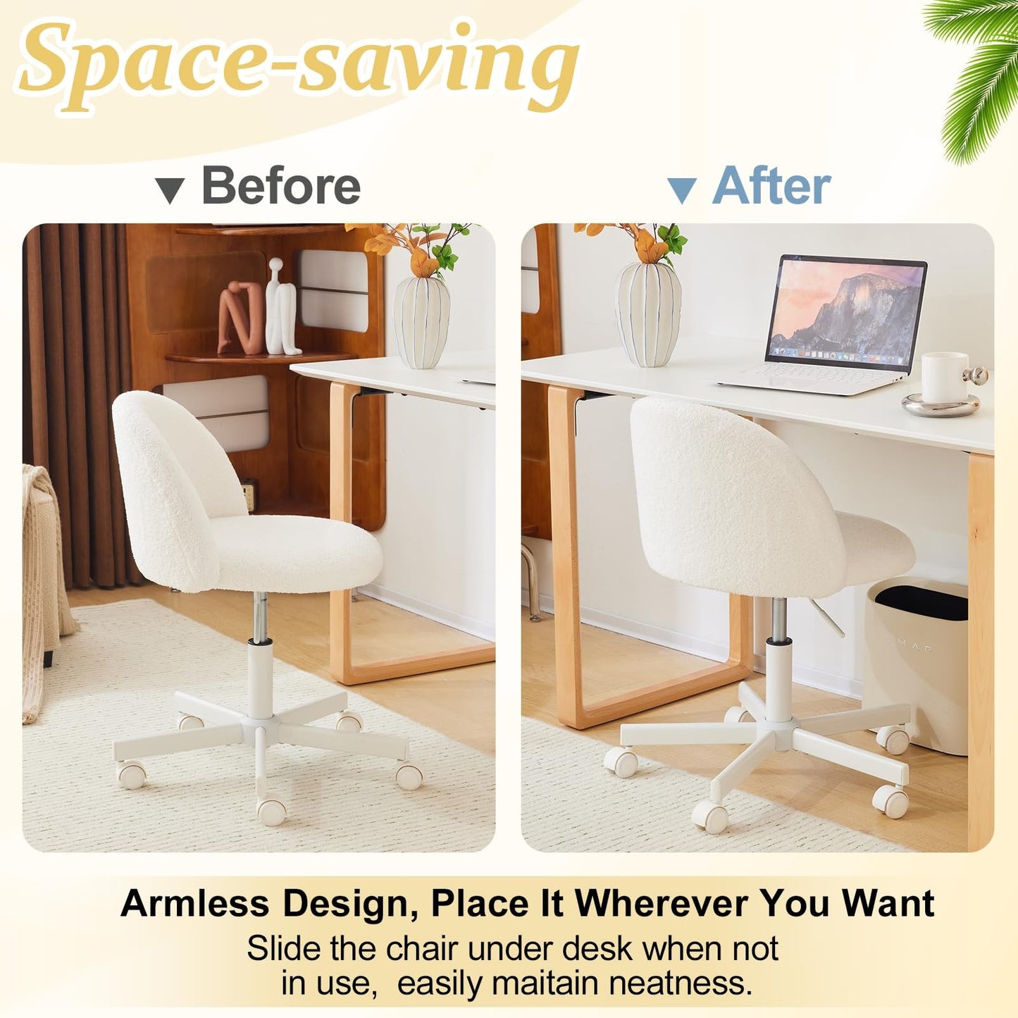VINGLI Modern Teddy Fluffy Small Office Chair,Cute Desk Chair with Wheels,Gold Base\u002FStuds, Comfy Armless Swivel Vanity Task Chair, Nail Tech Chair for Bedroom,Small Space