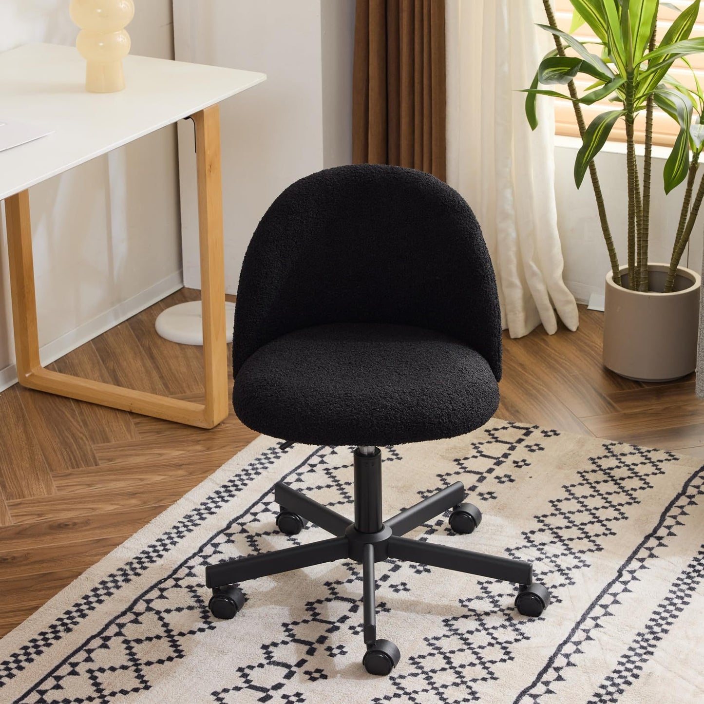 VINGLI Modern Teddy Fluffy Small Office Chair,Cute Desk Chair with Wheels,Gold Base\u002FStuds, Comfy Armless Swivel Vanity Task Chair, Nail Tech Chair for Bedroom,Small Space