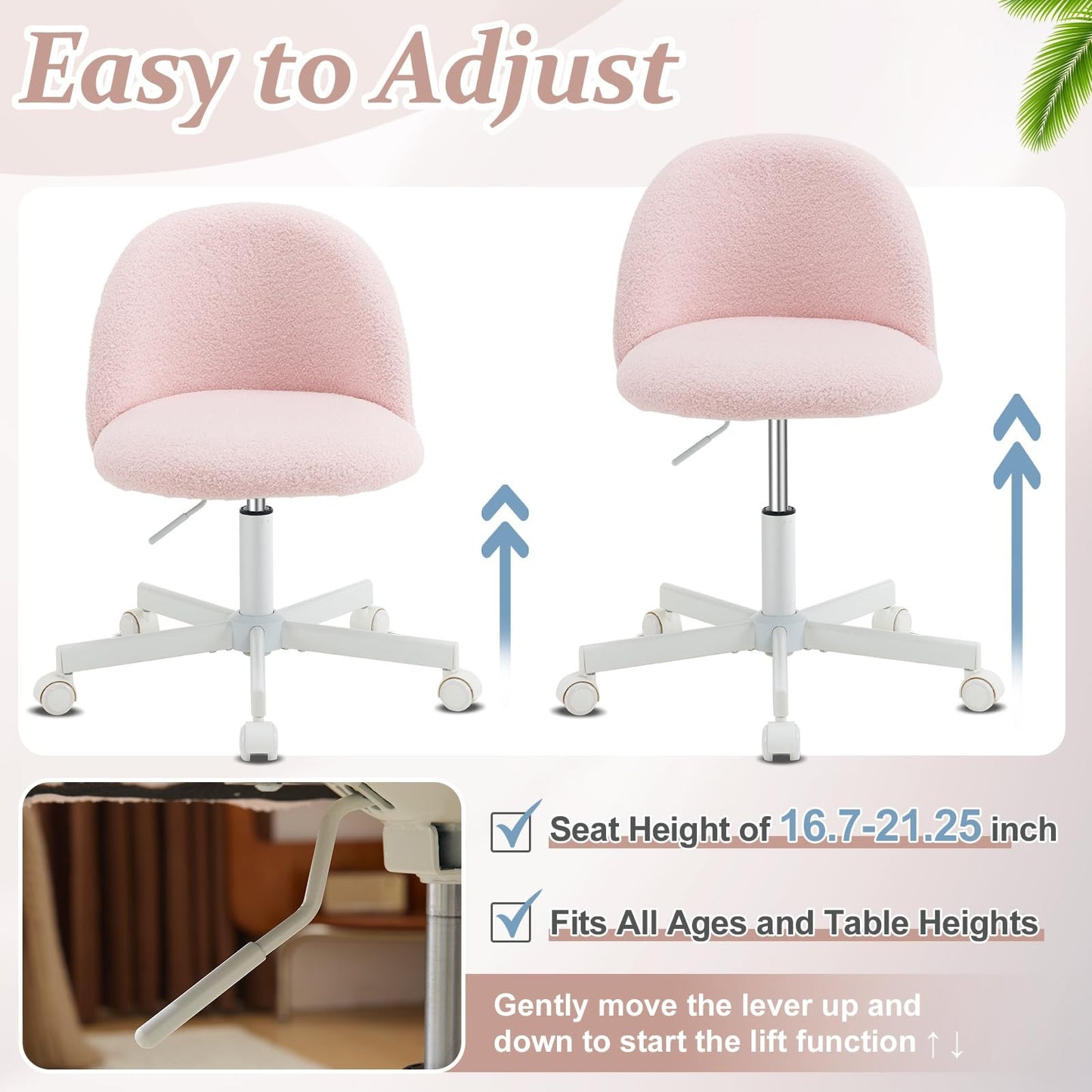 VINGLI Modern Teddy Fluffy Small Office Chair,Cute Desk Chair with Wheels,Gold Base\u002FStuds, Comfy Armless Swivel Vanity Task Chair, Nail Tech Chair for Bedroom,Small Space