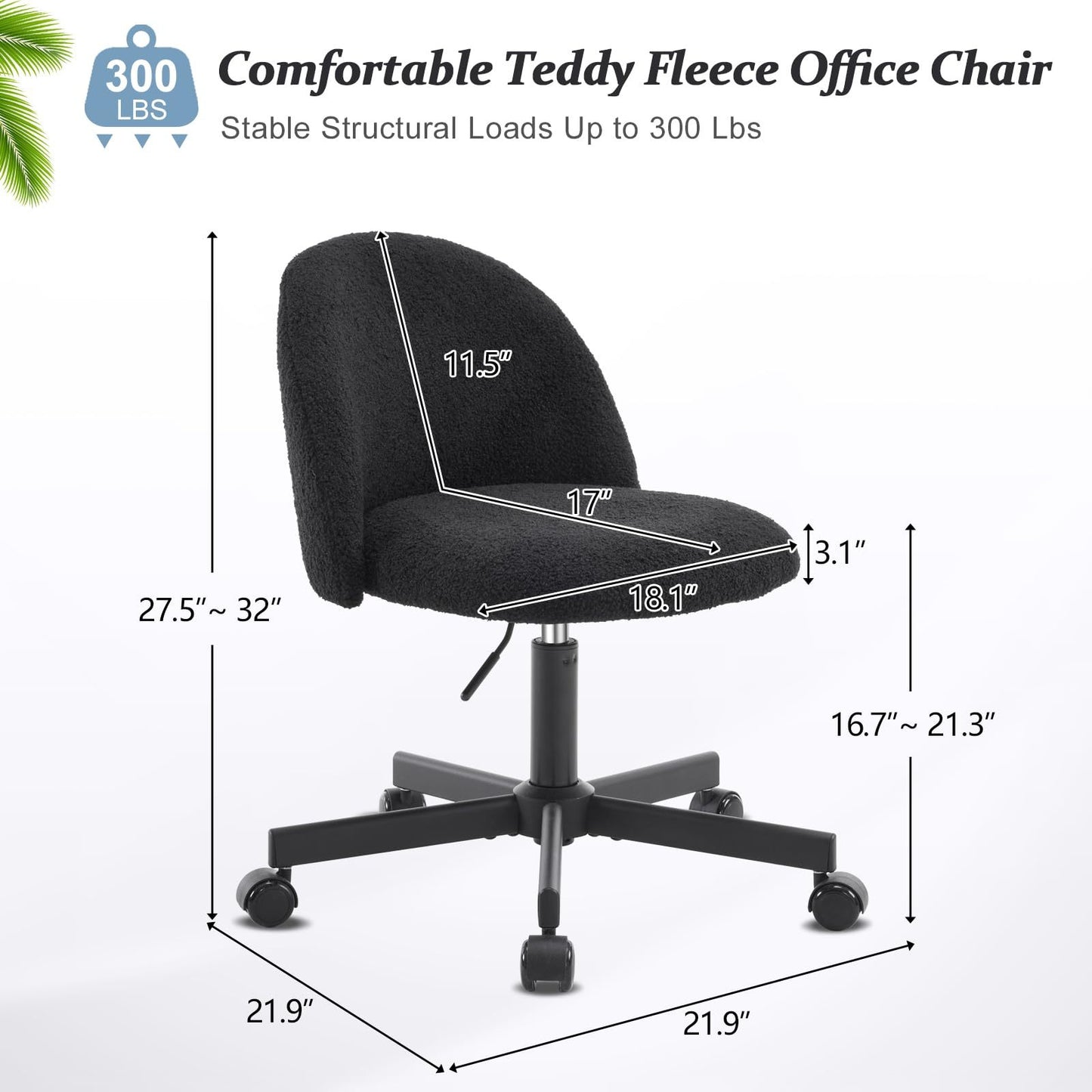 VINGLI Modern Teddy Fluffy Small Office Chair,Cute Desk Chair with Wheels,Gold Base\u002FStuds, Comfy Armless Swivel Vanity Task Chair, Nail Tech Chair for Bedroom,Small Space