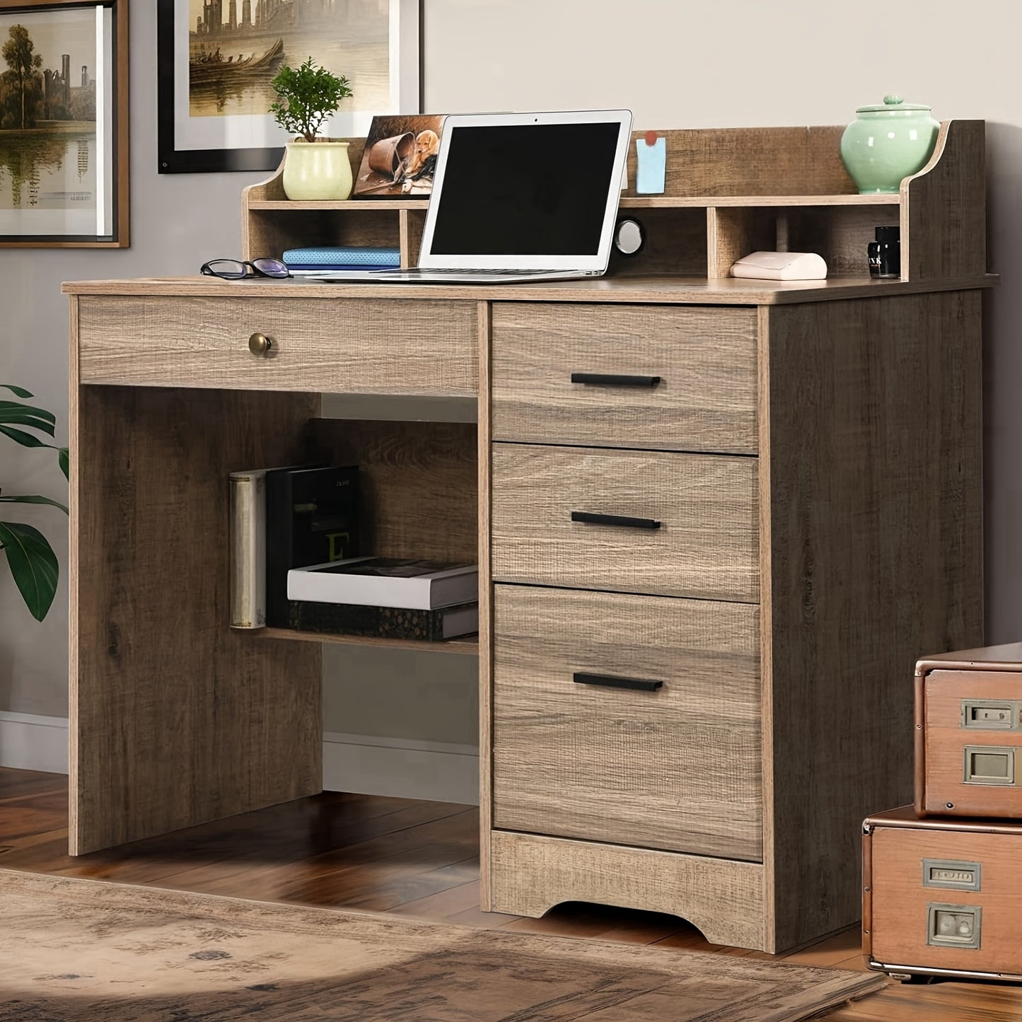 White, Brown, Wood Gray, Cream Computer Desk With 4 Drawers And Hutch, Home Office Writing Desk With File Drawer And Shelves For Small Spaces, Small Desk Study Table For Bedroom, White, Brown, Wood Gray, Cream
