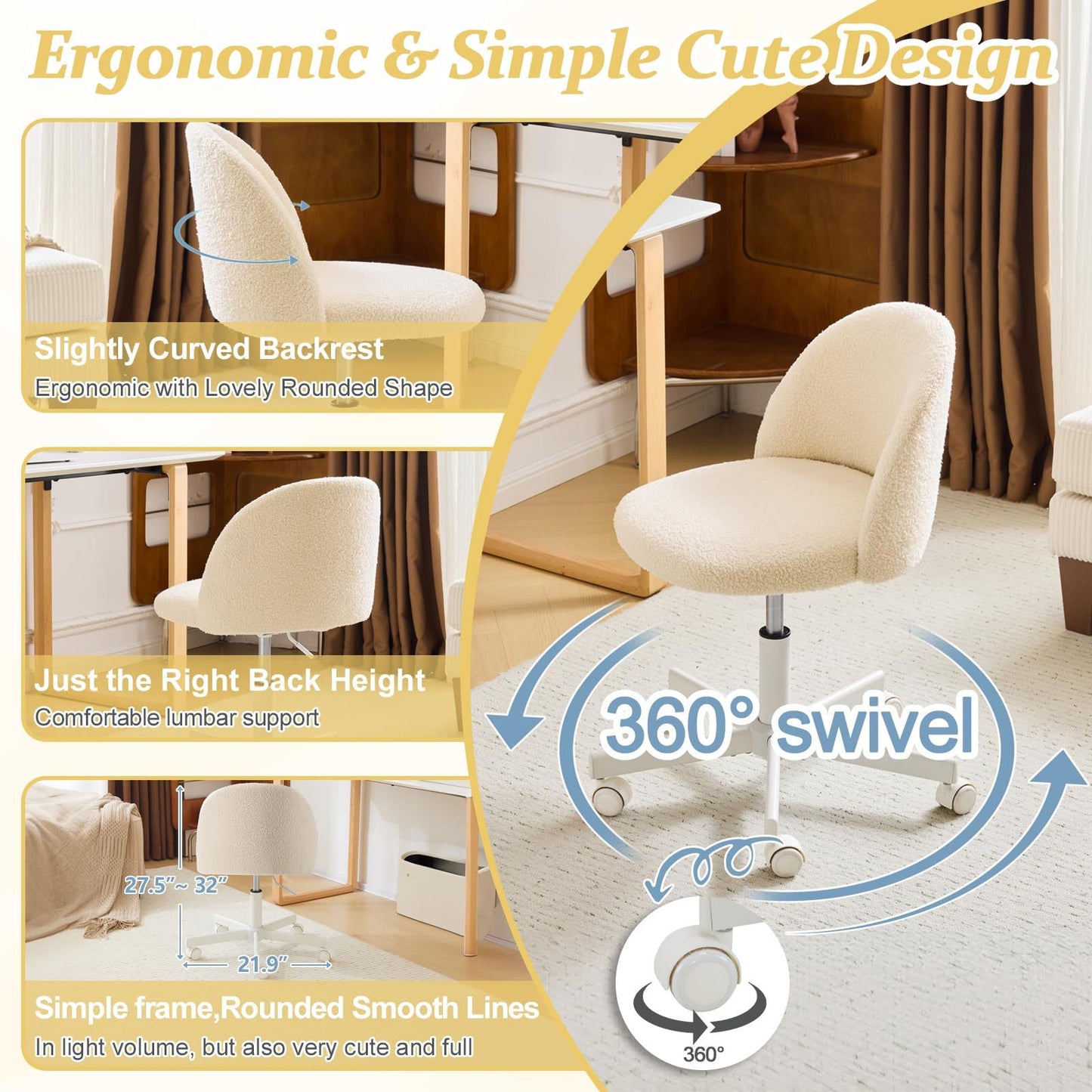 VINGLI Modern Teddy Fluffy Small Office Chair,Cute Desk Chair with Wheels,Gold Base\u002FStuds, Comfy Armless Swivel Vanity Task Chair, Nail Tech Chair for Bedroom,Small Space