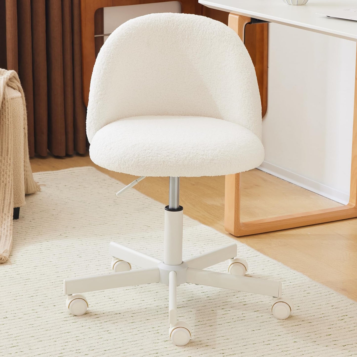 VINGLI Modern Teddy Fluffy Small Office Chair,Cute Desk Chair with Wheels,Gold Base\u002FStuds, Comfy Armless Swivel Vanity Task Chair, Nail Tech Chair for Bedroom,Small Space