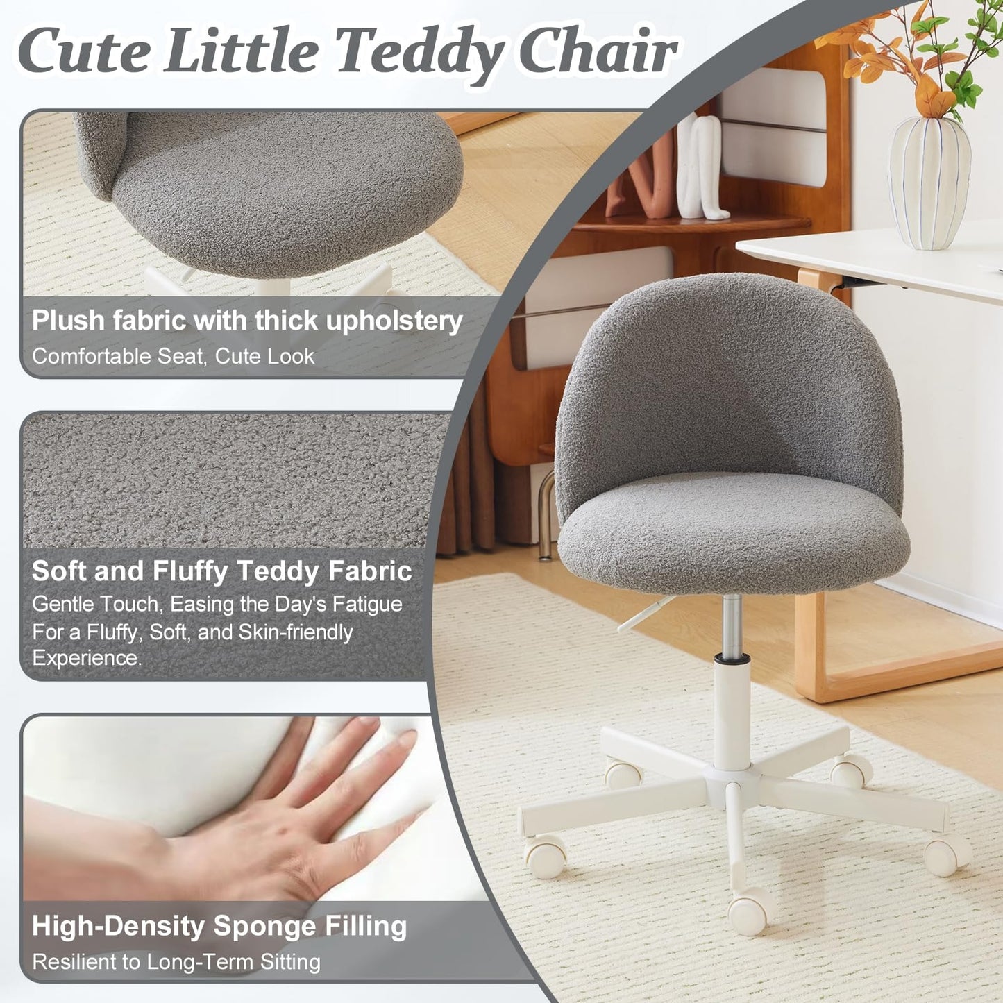 VINGLI Modern Teddy Fluffy Small Office Chair,Cute Desk Chair with Wheels,Gold Base\u002FStuds, Comfy Armless Swivel Vanity Task Chair, Nail Tech Chair for Bedroom,Small Space