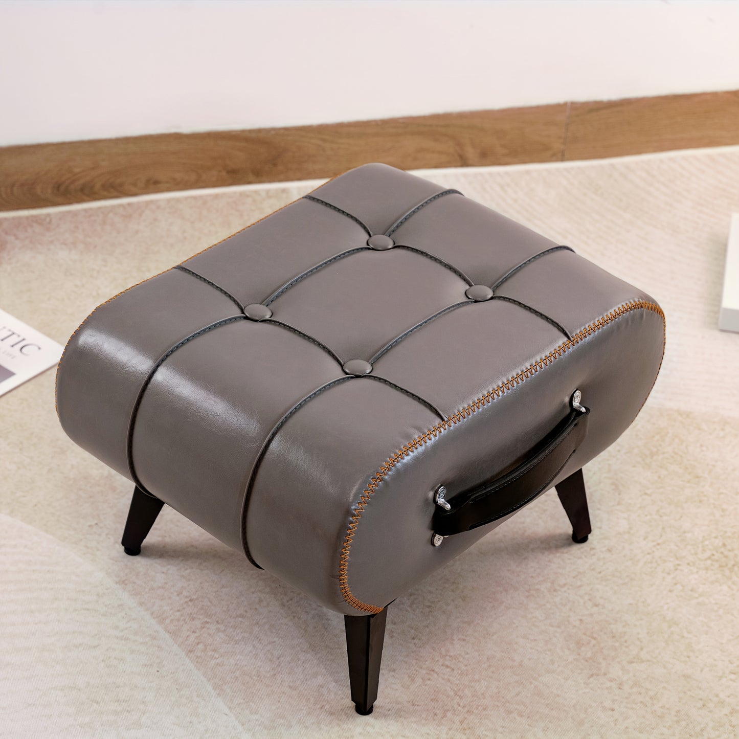 1pc High Quality Oil Wax Leather Low Stools, Footstools, Leather Padded Footstools, Stylish & Versatile For Sofa End, Shoe Changing Stools For Living Rooms, Corridors, Foyers, Entrance, Bedroom, Home Decor Furniture, Furniture For Home